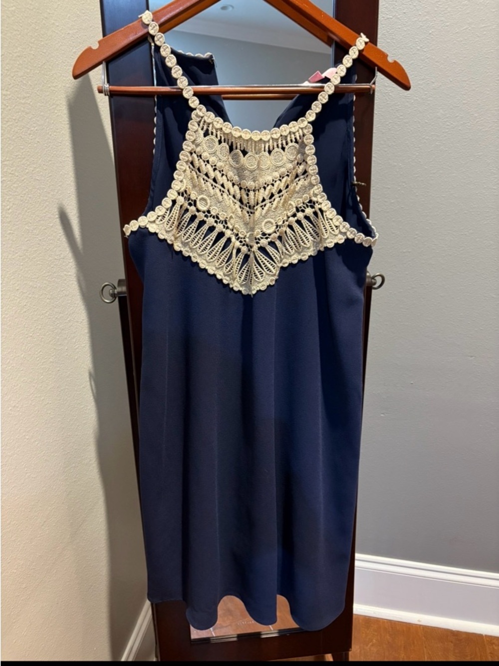 Lilly Pulitzer Navy Mini Dress with Cream Crochet Halter Yoke